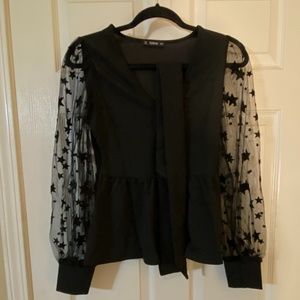 Sheer Star Mesh Sleeve Belted Peplum Top